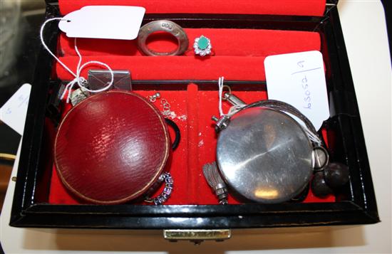 Silver pocket watch (af), silver compact, aide-memoire & stamp envelope, cased dress set etc (in black lacquered box)